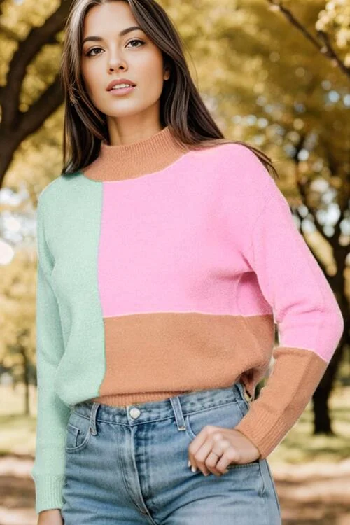 Color - Blocked Women Sweater for a Bold Fashion StatementColor Block Mock Neck Dropped Shoulder Sweater