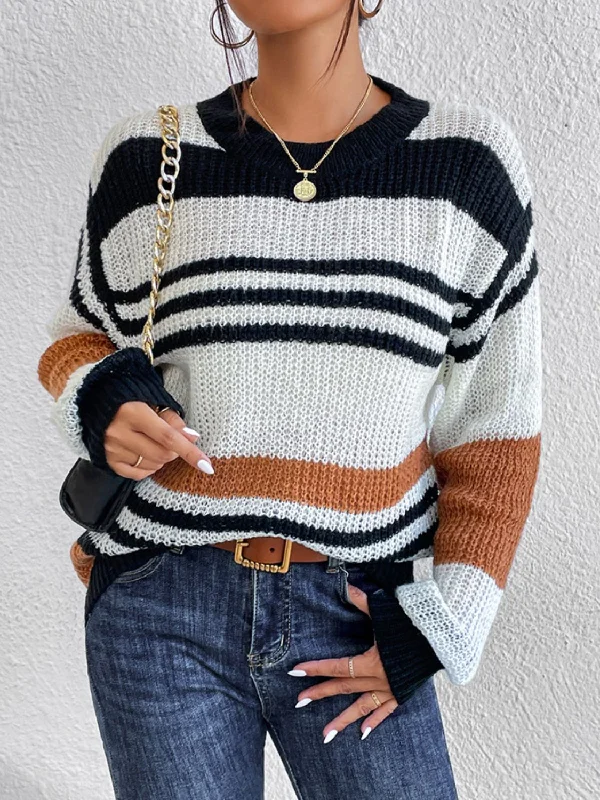 Long - Sleeve Women Sweater with Ribbed CuffsContrast Striped Round Neck Long Sleeve Sweater