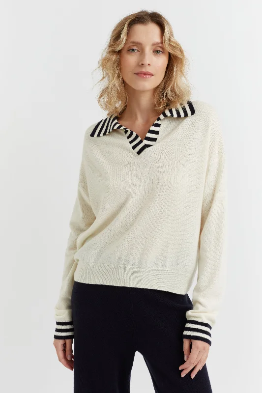 Mock - Neck Women Sweater for a Modern TwistCream Wool-Cashmere Striped Collar Sweater