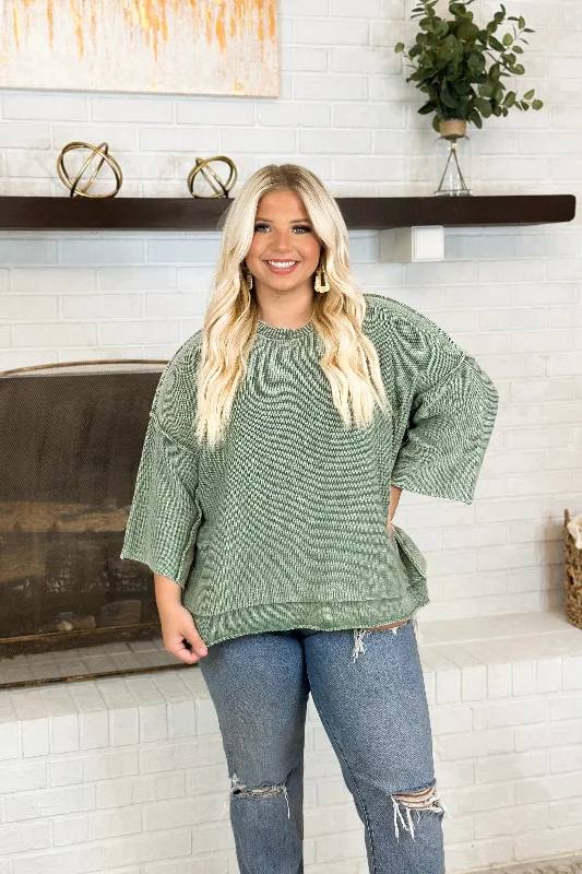 Button - Down Women Sweater for a Versatile LookJuniper Green Half Sleeve Mineral Washed Top