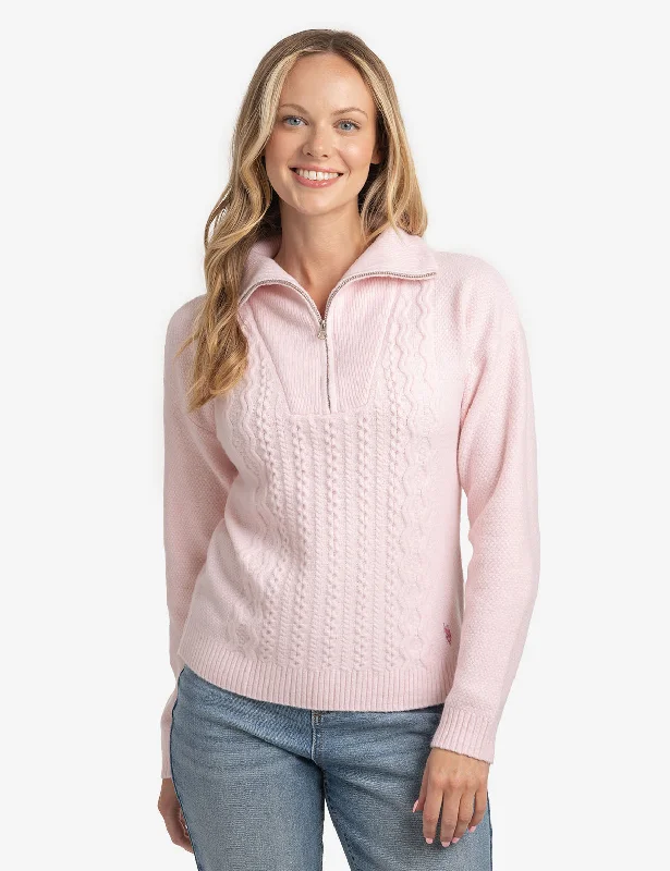 Organic Cotton Women Sweater for an Eco - Friendly ChoiceQUARTER ZIP CABLE SWEATER