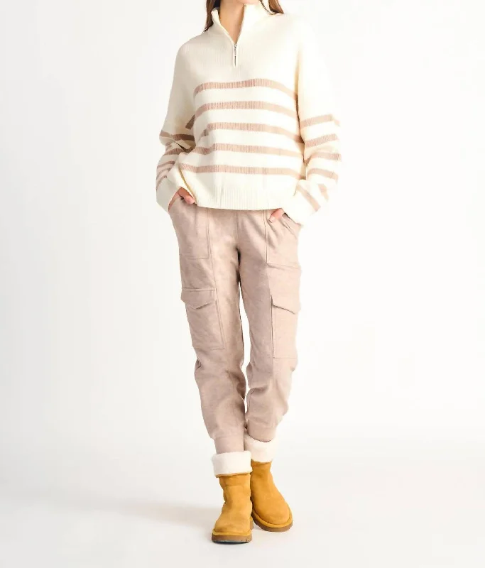 Open - Front Women Sweater for Easy LayeringHalf Zip Stripe Sweater In Natural