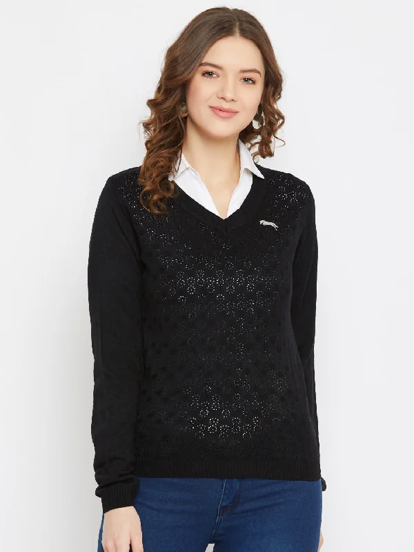 Chunky Knit Women Sweater for Winter WarmthJUMP USA Women Black Self Design Sweater