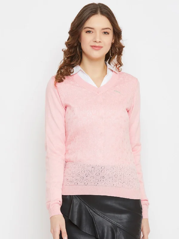 Cashmere Women Sweater with a Luxurious Soft TouchJUMP USA Women Pink Self Design Sweater