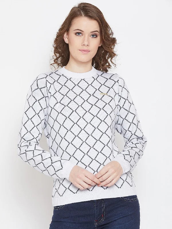 Oversized Women Sweater for a Cozy and Fashionable LookJUMP USA Women White & Navy Blue Acrylic Checked Sweater