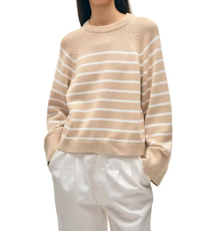 Cropped Women Sweater to Pair with High - Waisted BottomsOrganic Cotton Stripe Raglan Crewneck Sweater In Sailcloth/white