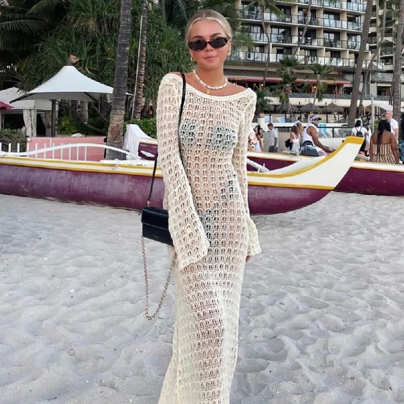 Striped Women Sweater with a Timeless PatternSexy Round Neck Bell Sleeve Backless Crochet Knit Maxi Dress