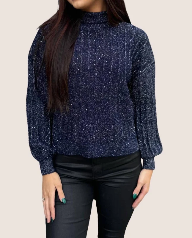 Long - Sleeve Women Sweater with Ribbed CuffsStand Collar Sweater With Puff Sleeves In Navy