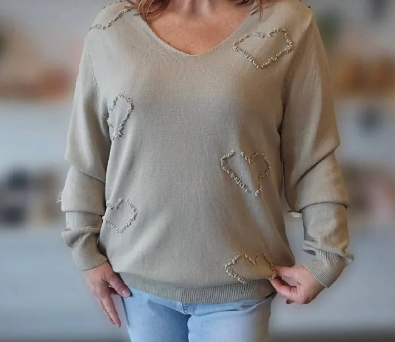 Mock - Neck Women Sweater for a Modern TwistSweater With Embroidered Hearts In Beige