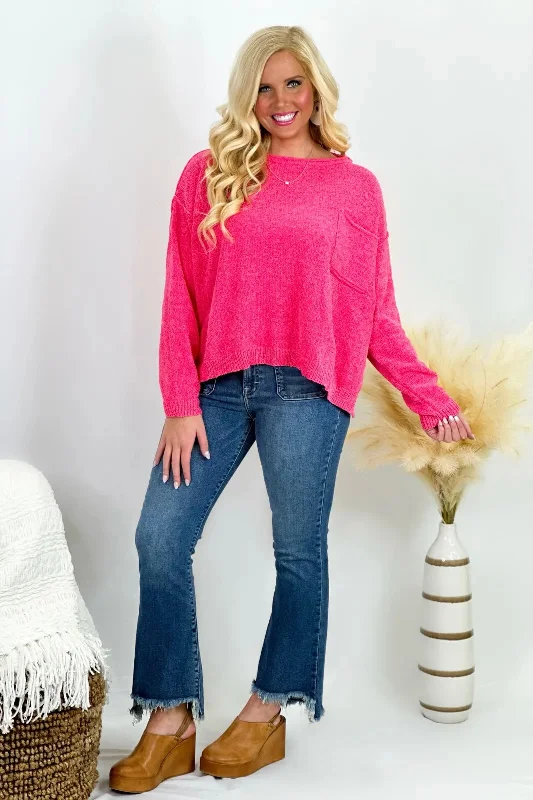 Color - Blocked Women Sweater for a Bold Fashion StatementHot Pink Crew Neck Pocket Sweater