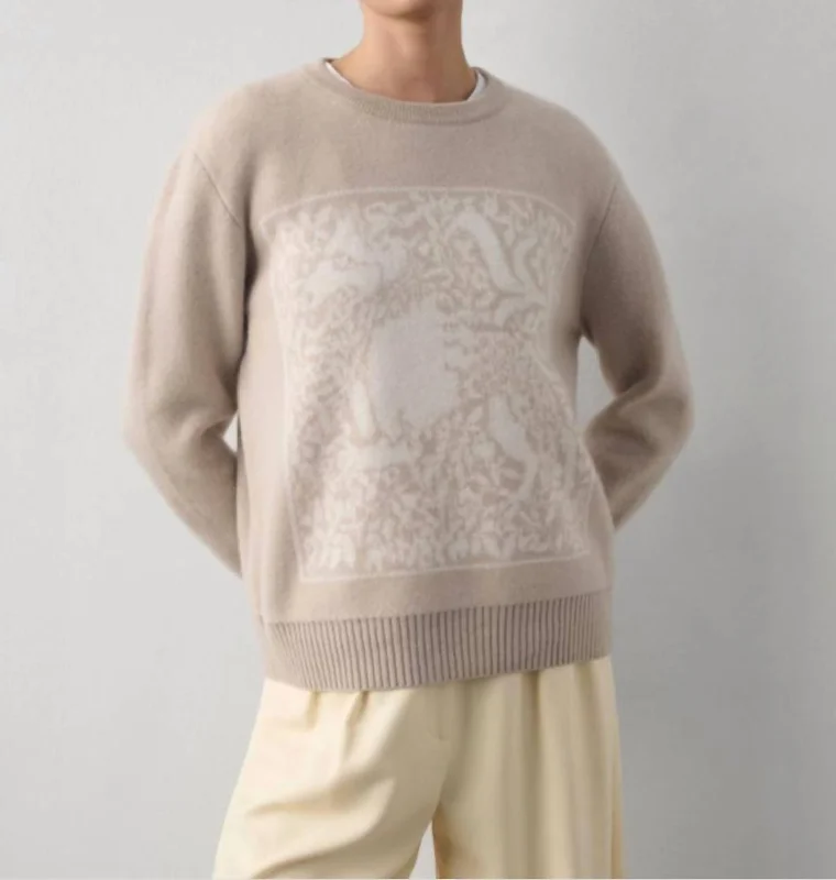 Hand - Knitted Women Sweater with Artisanal CharmTapestry Dragon Crew Neck In Jute/heather