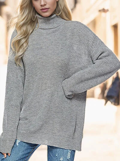 Color - Blocked Women Sweater for a Bold Fashion StatementTurtleneck Drop Shoulder Long Sleeve Sweater