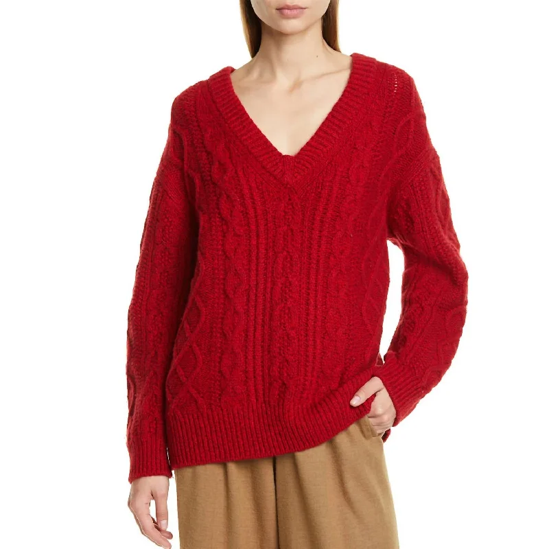 Cashmere Women Sweater with a Luxurious Soft TouchV Neck Cable Knit Sweater In Cherry