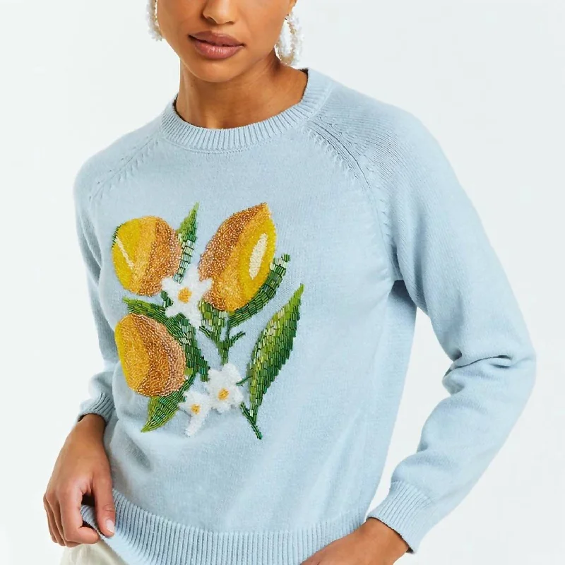 Hand - Knitted Women Sweater with Artisanal CharmWomen's Delilah Long Sleeve Cotton Sweater In Blue Lemon