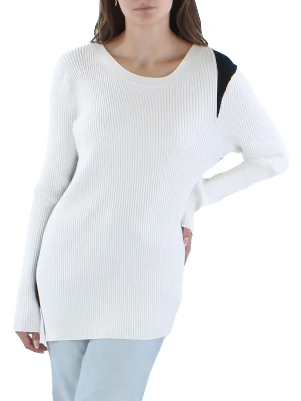 Cropped Women Sweater to Pair with High - Waisted BottomsWomens Ribbed Colorblock Crewneck Sweater