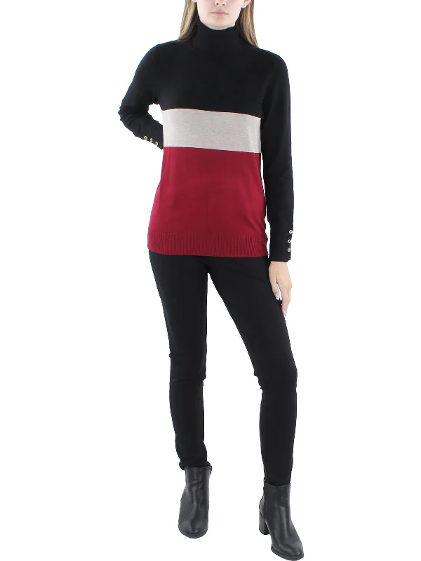 Open - Front Women Sweater for Easy LayeringWomens Ribbed Trim Colorblock Turtleneck Sweater