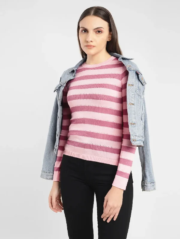 Lightweight Women Sweater for Spring and FallWomen's Striped Pink Crew Neck Sweater