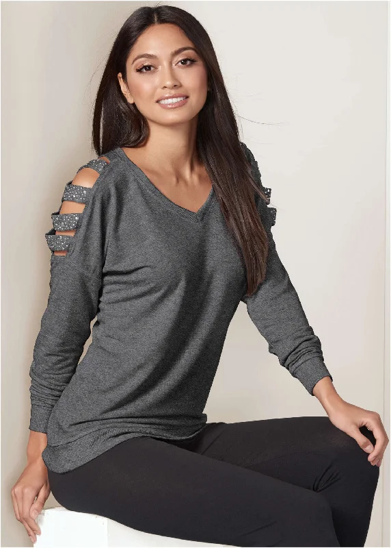 Hooded Women Sweater for Added Comfort and StyleStud Embellished Sweatshirt - Dark Heather Grey