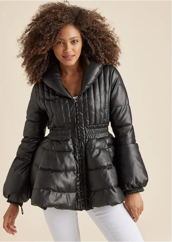 Cashmere Women Sweater with a Luxurious Soft TouchPeplum Puffer Jacket - Black