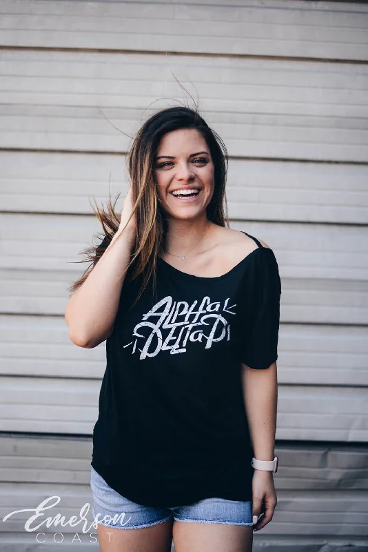 Distressed Women T Shirt with a Laid - Back AestheticADPi Black PR Tee