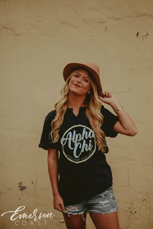 Distressed Women T Shirt with a Laid - Back AestheticAlpha Chi Sisterhood Week Notch Tee