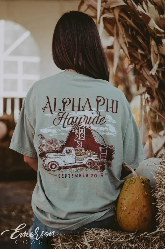 Distressed Women T Shirt with a Laid - Back AestheticAlpha Phi Hayride Social Tee