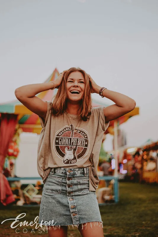 Embroidered Women T Shirt with Intricate DetailsGamma Phi Beta Retro Guitar Tee