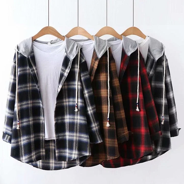 Crop Top Women T Shirt to Pair with High - Waisted BottomsHarajuku Harmony: Plaid Drawstring Hooded Jacket Shirt - Elevate Your Casual Chic! ??