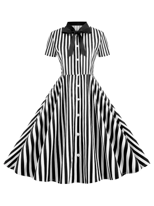 Ruffled Women Dress with Multiple Layers for a Playful and Girly Style1950s Bow Collar Striped Dots Swing Dress