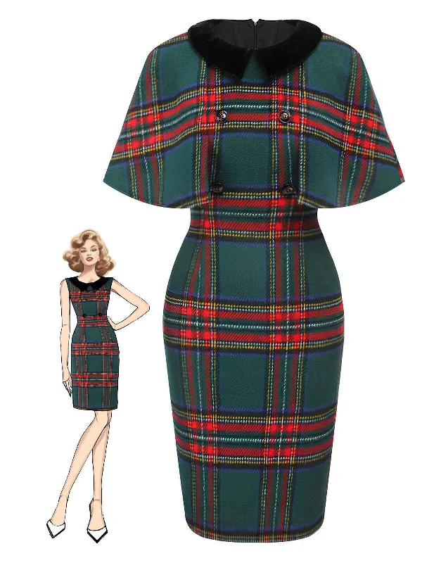 Plus Size Women Dress with a Flattering A - Line Cut for Comfort and Style1960s Plaid Cloak Sleeve Velvet Collar Dress