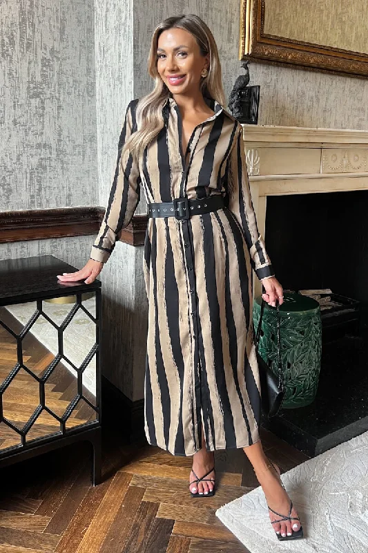 Long - Sleeve Women Dress in Velvet for a Luxurious Winter LookBeige Striped Print Button Front Belted Shirt Midi Dress