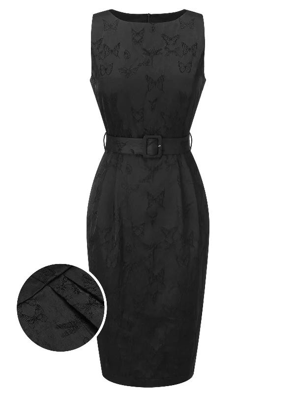 Mermaid - Style Women Dress with a Fitted Silhouette for Special OccasionsBlack 1960s Sleeveless Butterflies Belted Solid Dress