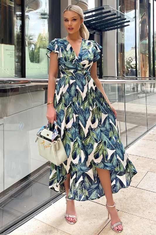 Strapless Women Dress with a Built - in Bra for Comfort and SupportBlue Leaf Print Short Sleeve Belted Wrap Midi Dress