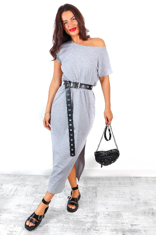 Plus Size Women Dress with a Flattering A - Line Cut for Comfort and StyleBring Split On - Grey Side Split Maxi Dress