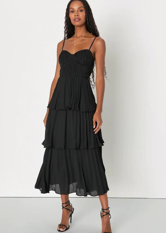 Off - the - Shoulder Women Dress for a Romantic and Feminine LookCascading Crush Tiered Bustier Midi Dress - Black