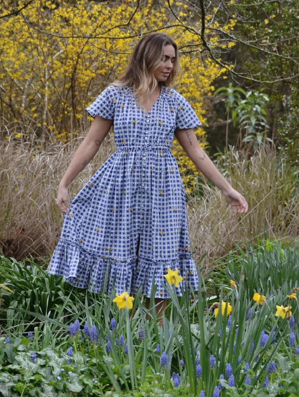 Pleated Women Dress with a Timeless and Elegant Texture100% RECYCLED COTTON - DULCIE DRESS BLUE GINGHAM