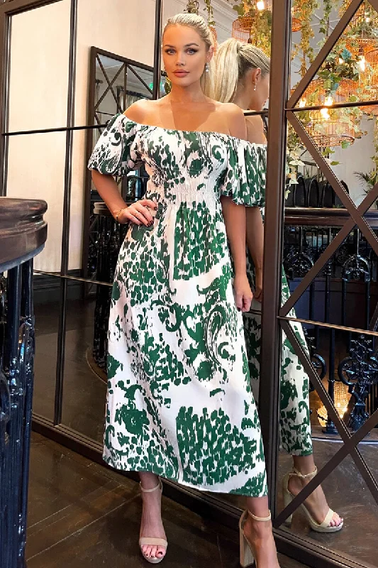 Ball Gown Women Dress with a Full Skirt for a Princess - like LookCream and Green Printed Elasticated Waist Bardot Midi Dress