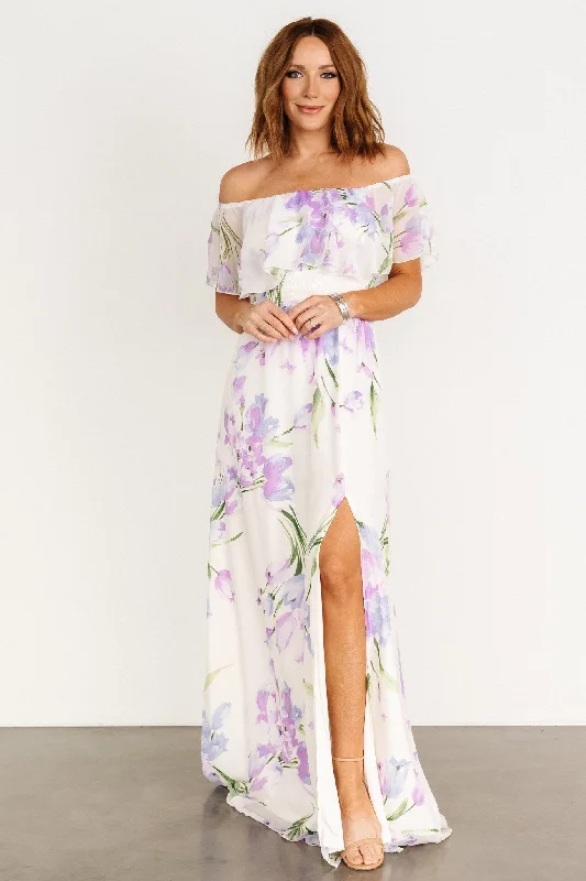 Maxi Women Dress with Floral Print for a Bohemian VibeDaphne Off Shoulder Maxi Dress | Ivory + Lavender Floral