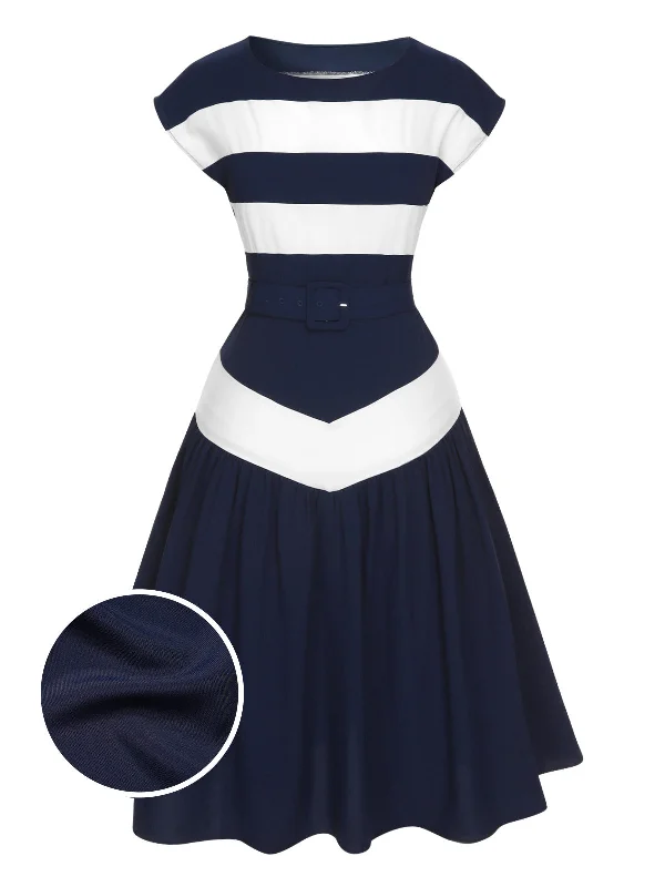 Off - the - Shoulder Women Dress for a Romantic and Feminine LookDark Blue 1940s Boat Neck Stripe Dress