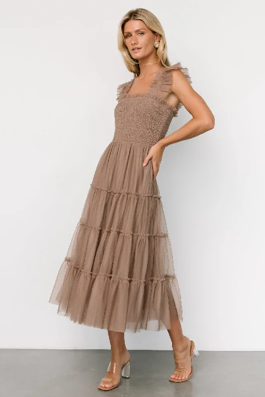 Pleated Women Dress with a Timeless and Elegant TextureEmma Smocked Tulle Dress | Taupe