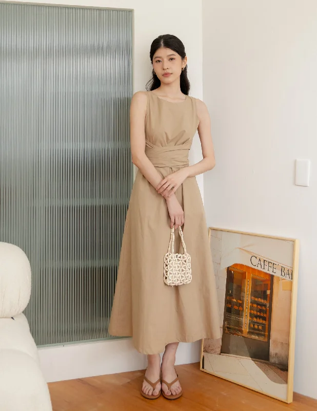 Off - the - Shoulder Women Dress for a Romantic and Feminine LookFeodora Tie Waist Dress in Camel