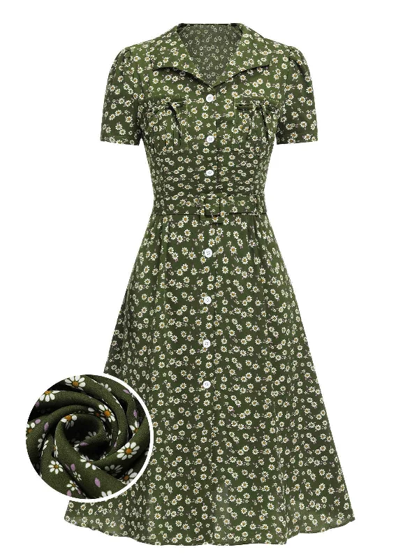 Empire Waist Women Dress to Accentuate the Bust and Conceal the WaistGreen 1940s Lapel Buttons Ditsy Floral Dress