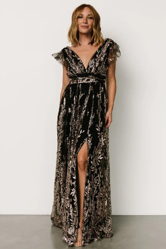 Off - the - Shoulder Women Dress for a Romantic and Feminine LookKarina Shimmer Gown | Black + Rose Gold