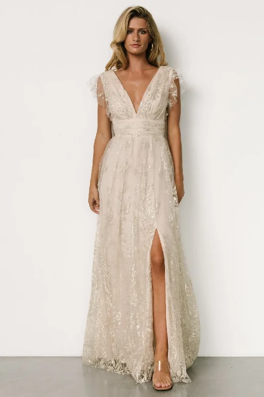 Off - the - Shoulder Women Dress for a Romantic and Feminine LookKarina Shimmer Gown | Ivory + Silver