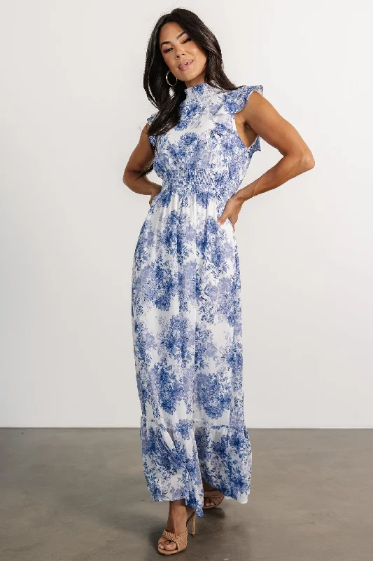 Sleeveless Women Dress in Bright Colors for Summer PartiesKearny Ruffle Maxi Dress | White + Blue Floral