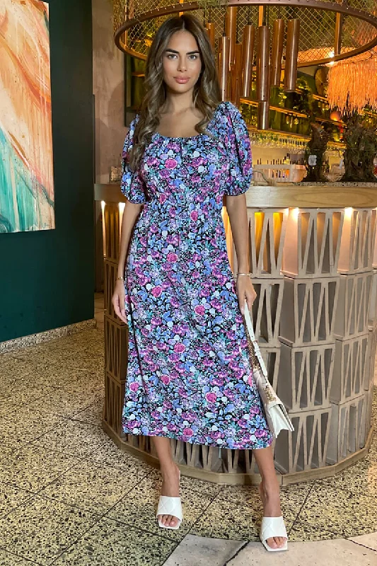 Backless Women Dress for a Sexy and Alluring Look at Evening EventsLilac Floral Printed Puff Sleeve Midi Dress