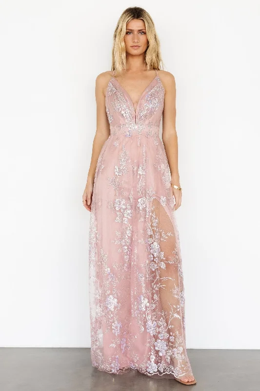 Strapless Women Dress with a Built - in Bra for Comfort and SupportLucienne Shimmer Maxi Gown | Blushing Rose