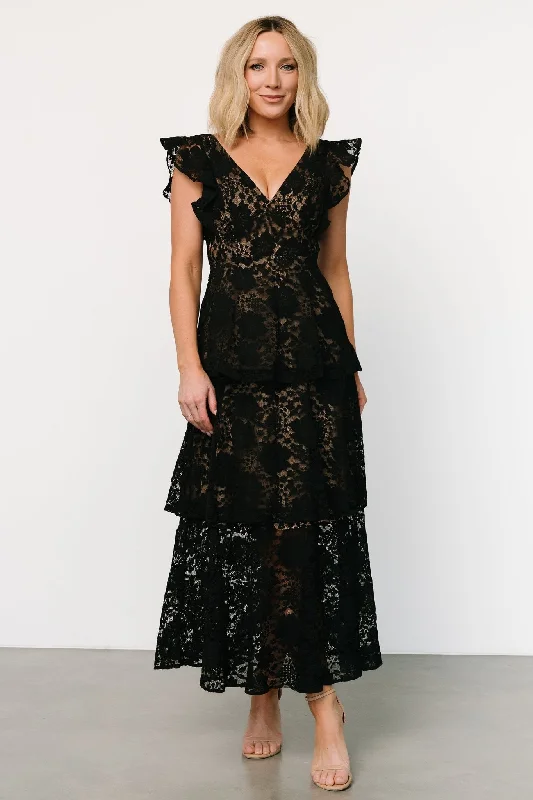 Empire Waist Women Dress to Accentuate the Bust and Conceal the WaistMargot Lace Tiered Maxi Dress | Black + Nude