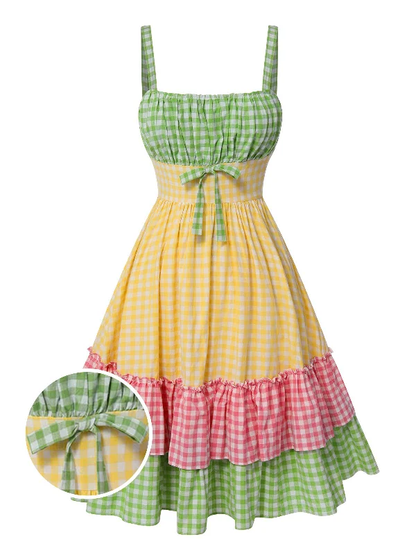 Pleated Women Dress with a Timeless and Elegant TextureMulticolor 1950s Spaghetti Straps Plaid Patchwork Dress