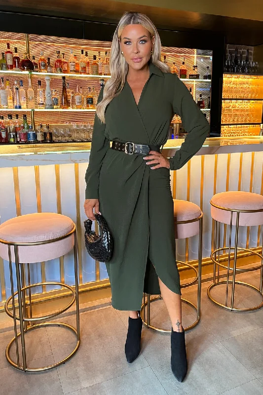 Empire Waist Women Dress to Accentuate the Bust and Conceal the WaistOlive Belted Wrap Midi Shirt Dress